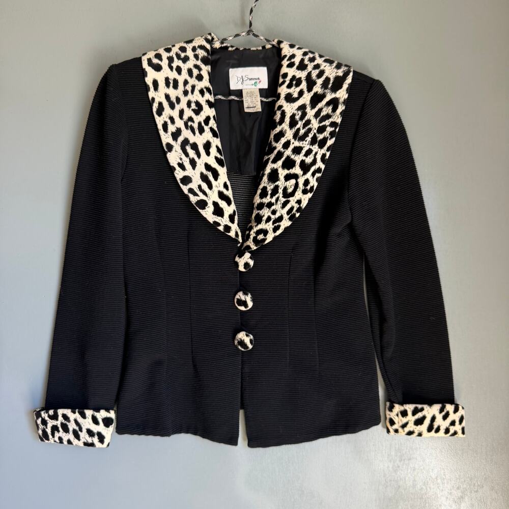 Vintage D. J. SUMMERS Women's 8P B&W Leopard Print Velvet Collar Jacket Chic